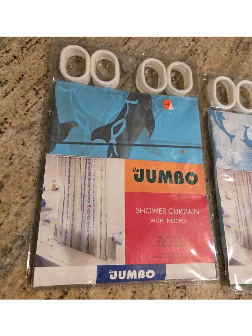 New! Lot of 2 Dolphin Shower Curtains w Hooks Blue Plastic Jumbo 72x72